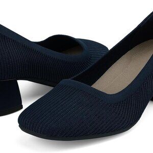 Women Knit Chunky Block Heels 1.65 inch Support Slip-On Square Toe Dress Shoes